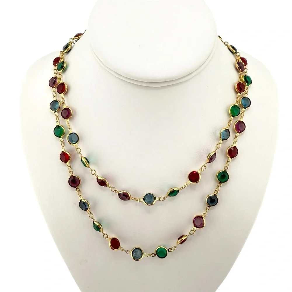 VTG Swarovski Gold Bezel Set Necklace with Red, Green, Blue and Purple Crystals